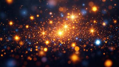 The primary subject of the image is a bright, colorful, and shiny star field. The setting is a dark background, which contrasts with the brightness of the stars. The visual style is a combination of a photo and digital art, creating a unique and eye-catching effect. The colors and mood of the image are predominantly orange and yellow, giving it a warm and vibrant atmosphere.